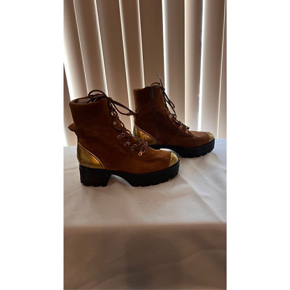 Michael Kors womens Suede Leather Chunky Heel Ankle Boots Brown Gold Size 9.5 - Picture 2 of 15